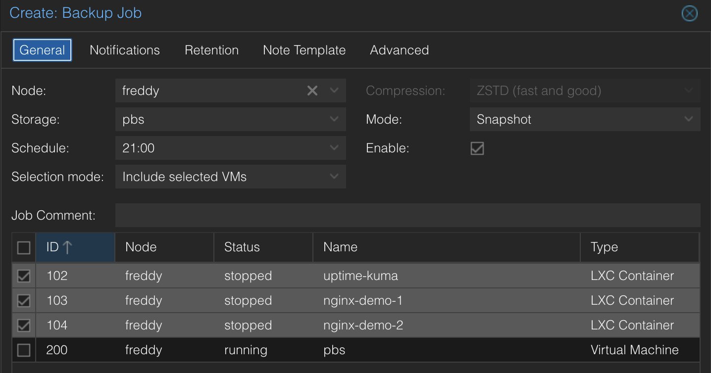 Create Backup Job dialog showing node, storage, schedule, and VM/CT selection