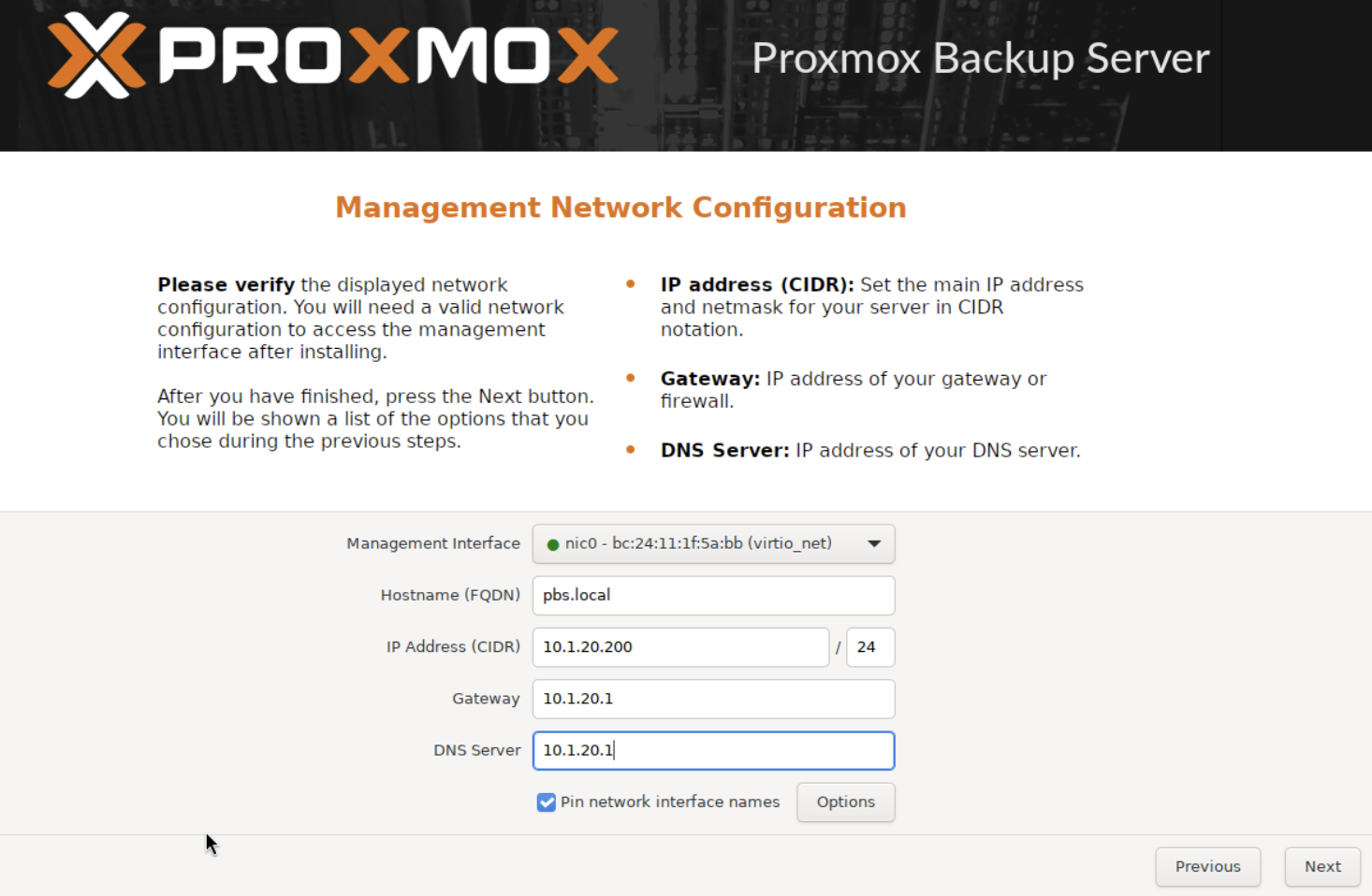PBS installer network configuration showing hostname, IP, gateway, and DNS settings