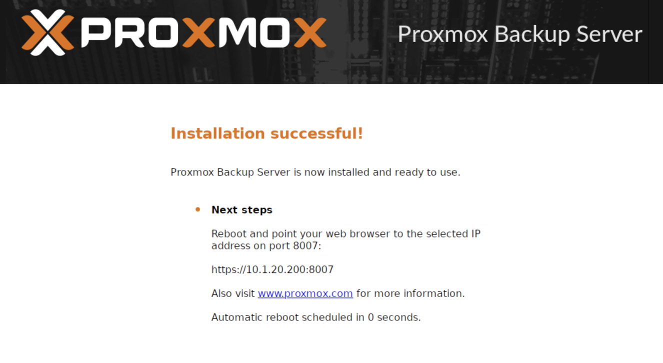 PBS installation successful with web UI URL displayed
