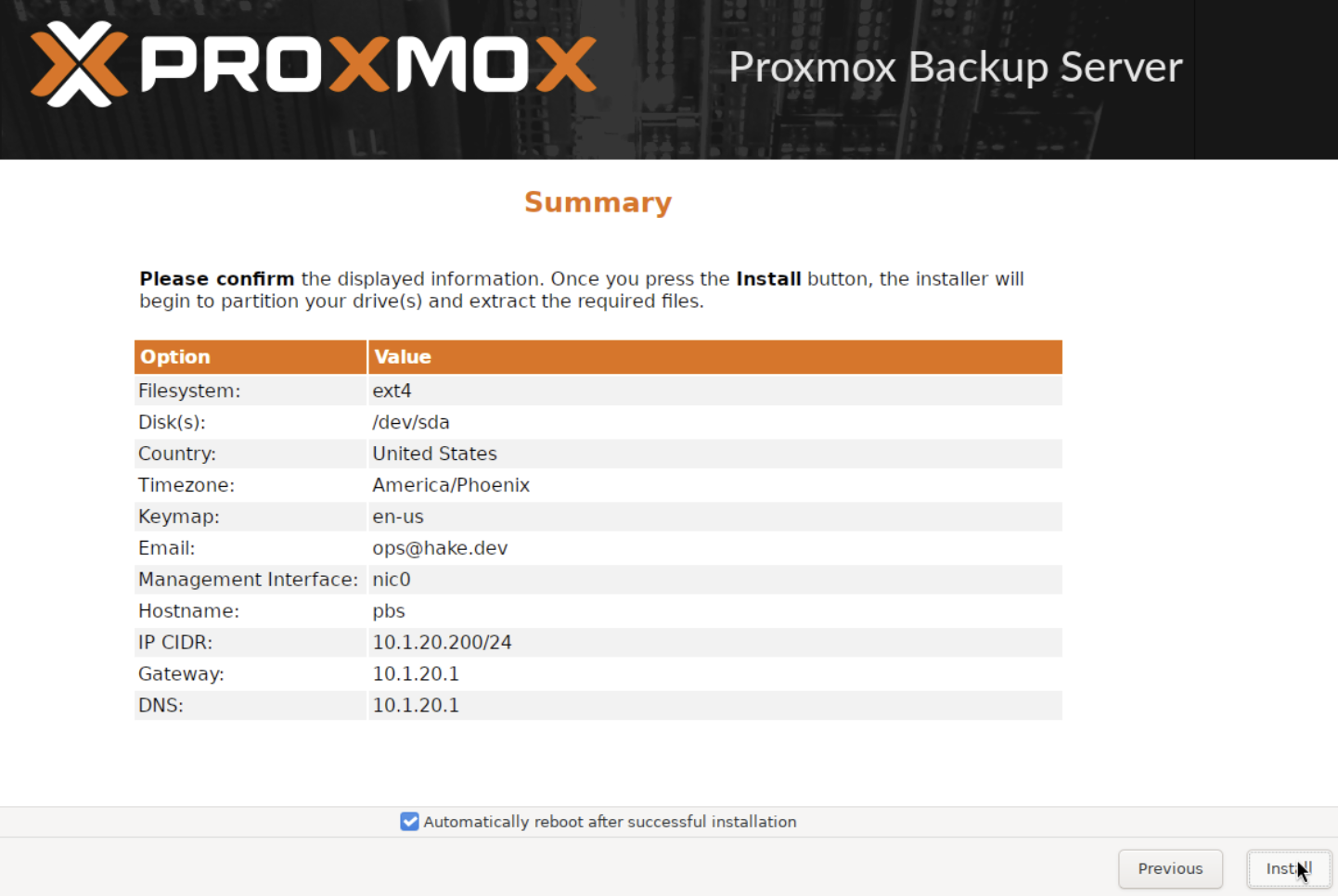PBS installer summary showing all configuration before final install