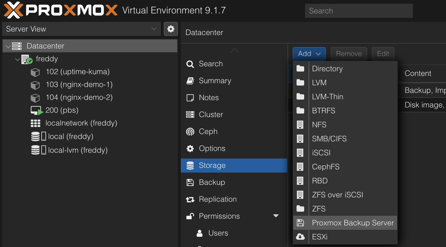 PVE Add Storage dropdown showing the Proxmox Backup Server option