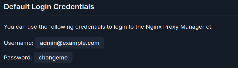 ProxmoxVE Helper Scripts page showing default login credentials for NGINX Proxy Manager: username admin@example.com and password changeme