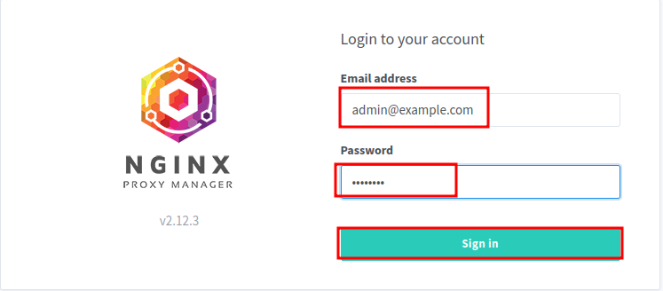 NGINX Proxy Manager v2.12.3 login page with email address field showing admin@example.com and password field filled in, with a Sign in button