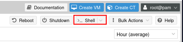 Proxmox web interface toolbar showing the Shell button highlighted, used to open a terminal session on the Proxmox server
