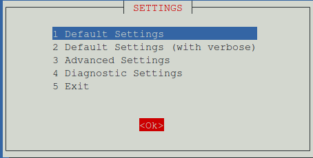 Helper script settings menu showing five options: Default Settings (selected), Default Settings with verbose, Advanced Settings, Diagnostic Settings, and Exit