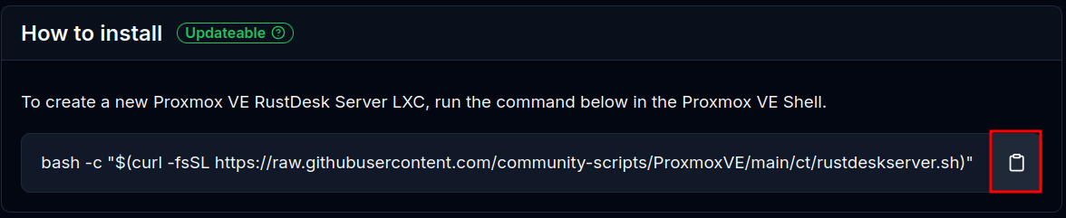 ProxmoxVE Helper Scripts page showing the Rustdesk Server LXC install command with a copy button highlighted in red