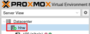 Proxmox Virtual Environment sidebar showing Server View with Datacenter expanded and the hhw server node selected
