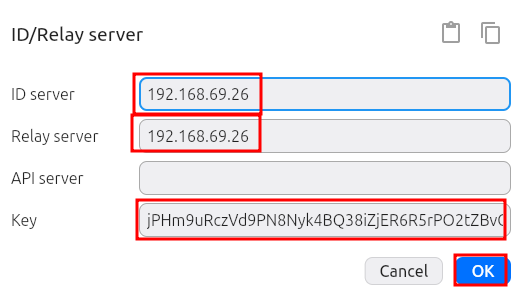 Rustdesk ID/Relay server configuration dialog with ID server and Relay server both set to 192.168.69.26, and the public key pasted in the Key field, with OK button highlighted