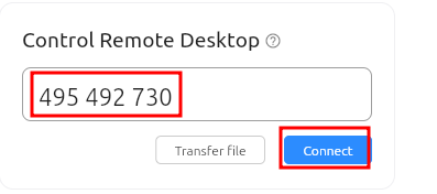 Rustdesk Control Remote Desktop input field with a remote device ID 495 492 730 entered, Connect button highlighted in blue, and Transfer file option below