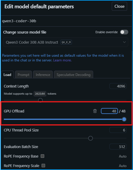 LM Studio model parameters dialog for qwen3-coder-30b showing GPU Offload set to 48/48 layers