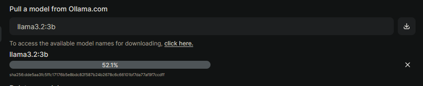 Open WebUI showing download progress bar at 52.1% while pulling the llama3.2:3b model, with file size indicator showing progress
