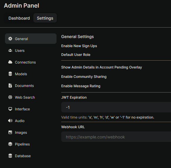 Open WebUI Admin Panel showing the Settings page with General Settings section, including sidebar navigation with options for Models, Connections, Documents, Web Search, Interface, Audio, Images, and Pipelines