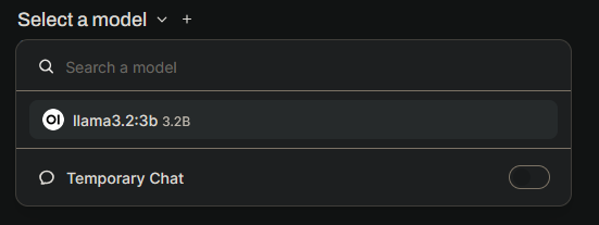Open WebUI 'Select a model' dropdown menu showing llama3.2:3b (3.2B parameters) as an available model option