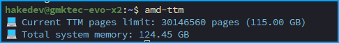 Terminal output of amd-ttm showing current TTM pages limit of 30146560 pages (115.00 GB) and total system memory of 124.45 GB after reboot