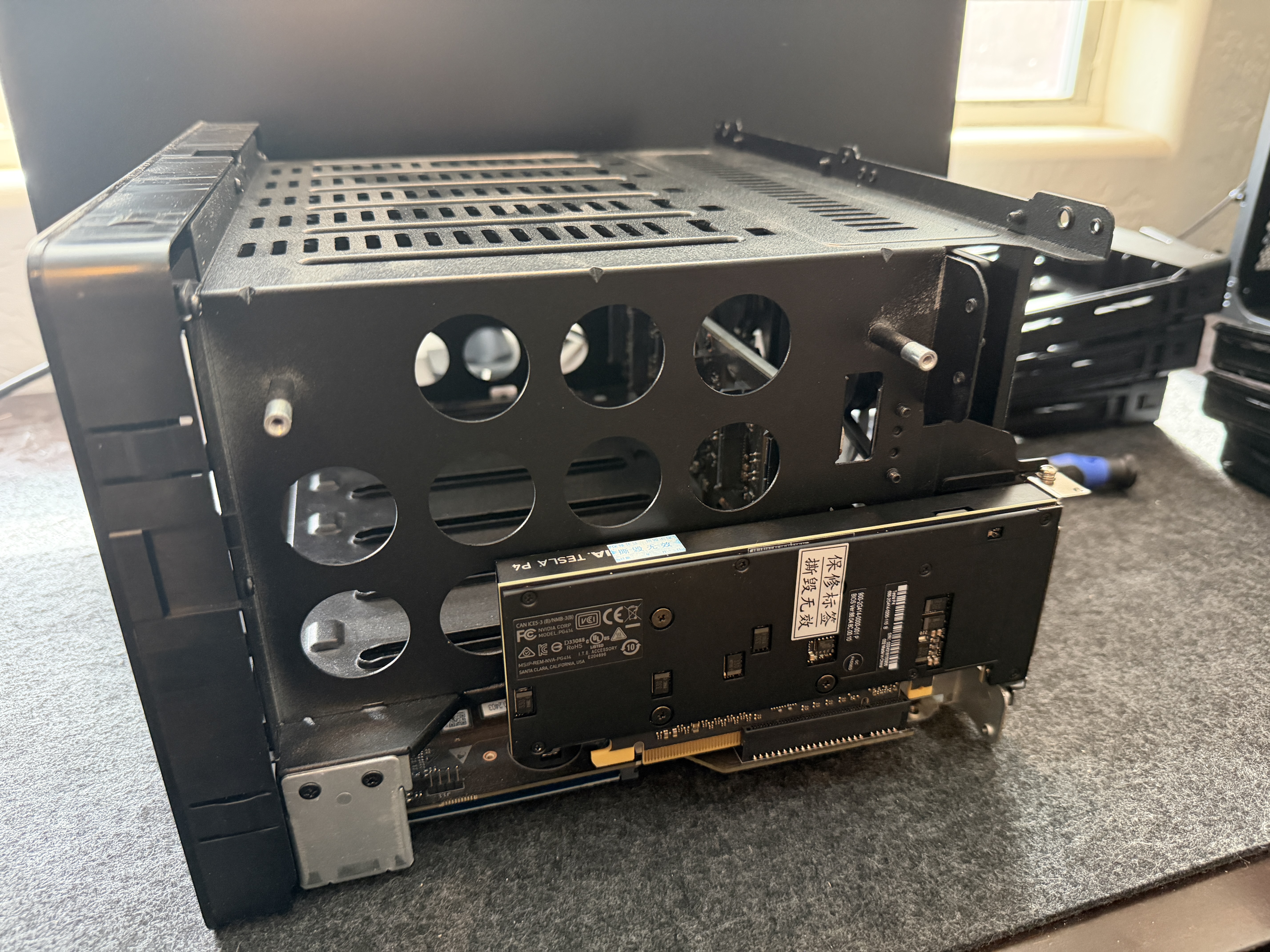 UGREEN DXP6800 Pro internal frame with Tesla P4 GPU installed in the PCIe expansion slot