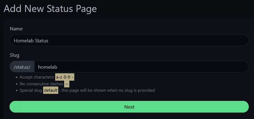 Uptime Kuma new status page form with name Homelab Status and slug homelab