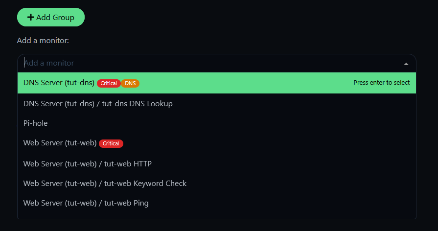 Uptime Kuma status page editor with monitor selector dropdown showing available monitors and groups