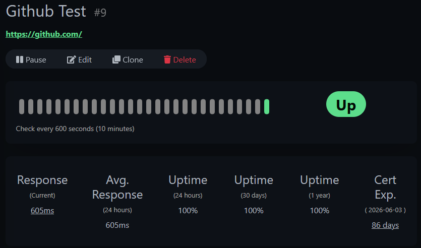Uptime Kuma GitHub HTTPS monitor showing Up status with certificate expiry 86 days