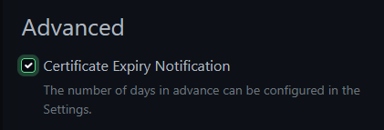 Uptime Kuma Advanced settings with Certificate Expiry Notification checkbox enabled