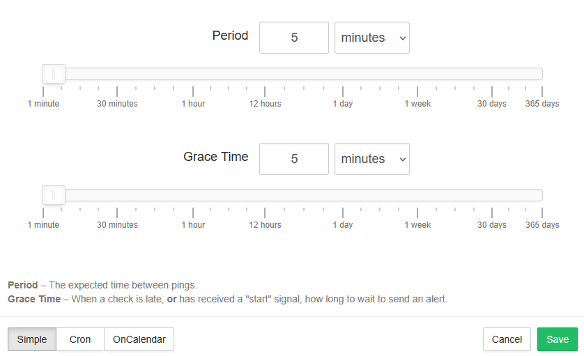 Healthchecks.io period and grace time settings both set to 5 minutes