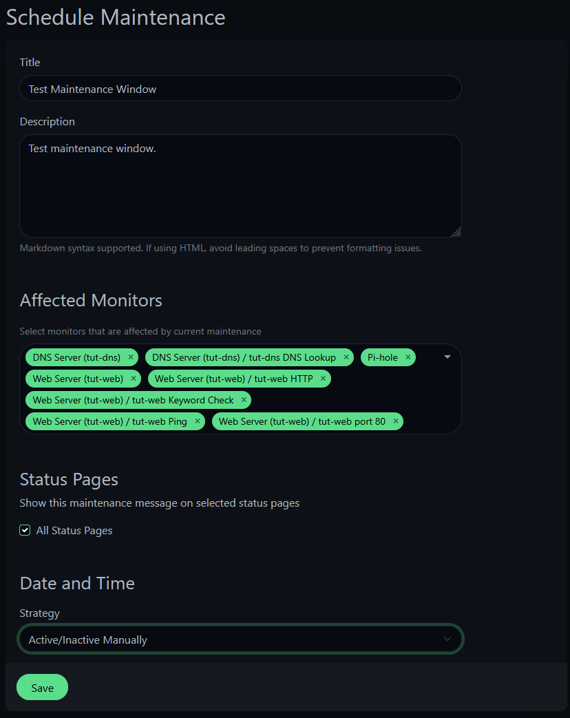 Uptime Kuma schedule maintenance form with all monitors selected and manual strategy