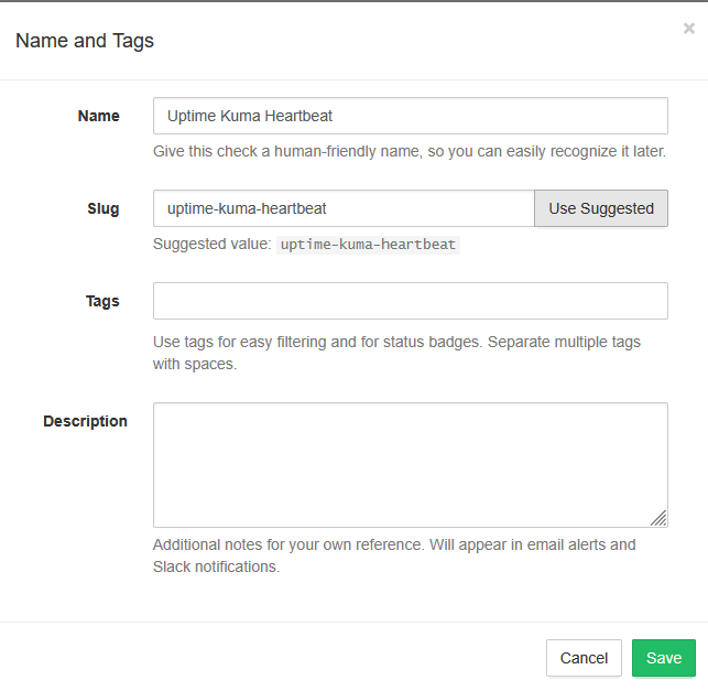 Healthchecks.io check creation form with name Uptime Kuma Heartbeat