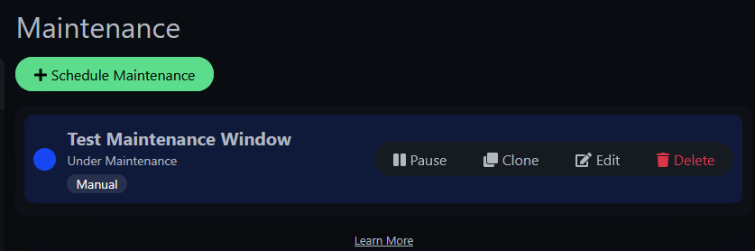 Uptime Kuma maintenance list showing active Test Maintenance Window with manual strategy