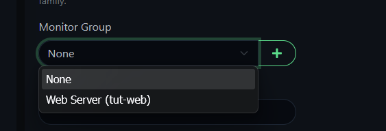 Uptime Kuma monitor edit form showing Monitor Group dropdown with Web Server option