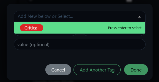 Uptime Kuma tag dropdown showing red Critical tag ready to select