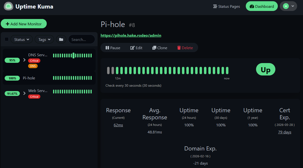 Uptime Kuma Pi-hole monitor showing certificate expiry 79 days and domain expiry negative 21 days