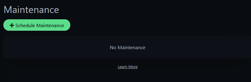 Uptime Kuma Maintenance page showing no maintenance windows with Schedule Maintenance button