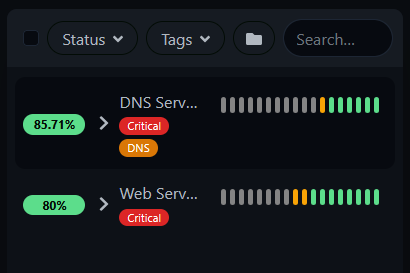 Uptime Kuma dashboard showing monitor groups with Critical and DNS tag badges