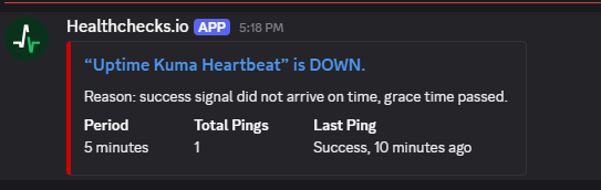 Discord alert from Healthchecks.io showing Uptime Kuma Heartbeat is down