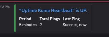 Discord alert from Healthchecks.io showing Uptime Kuma Heartbeat is back up