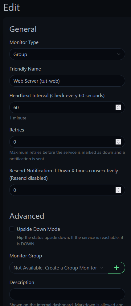 Uptime Kuma monitor edit form showing Group type with name Web Server tut-web