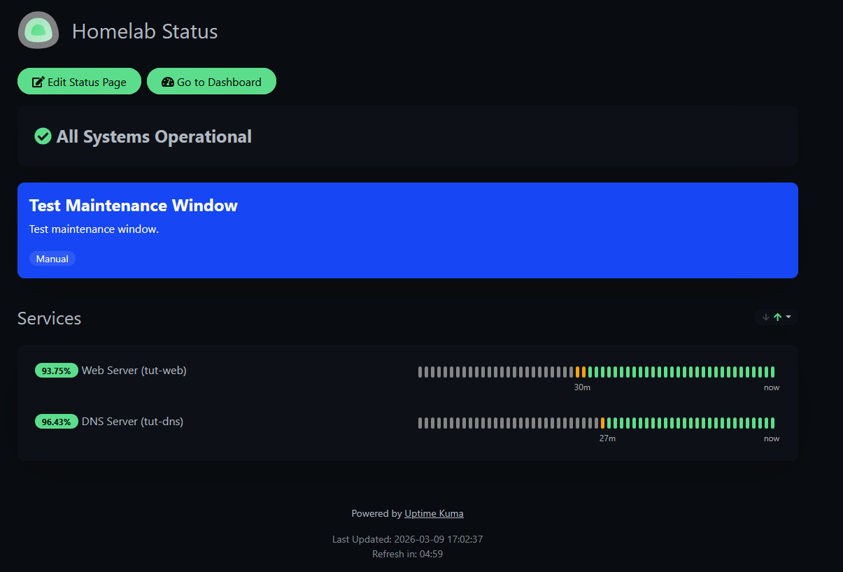 Uptime Kuma status page showing blue maintenance banner above All Systems Operational