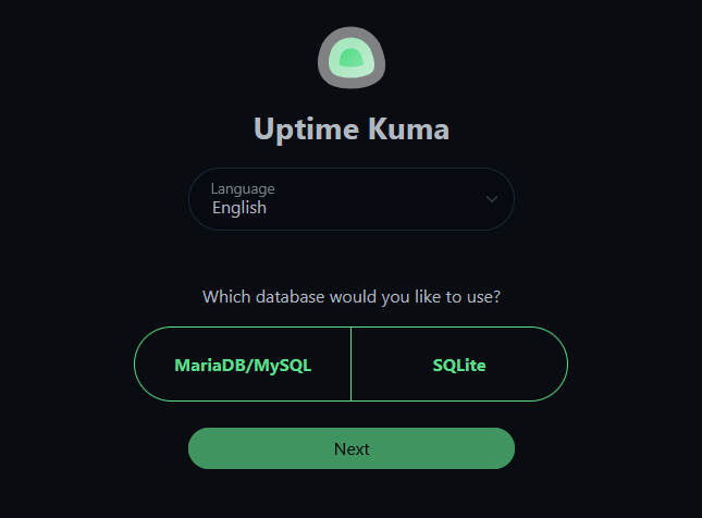 Uptime Kuma initial setup screen showing database engine options: MariaDB/MySQL and SQLite