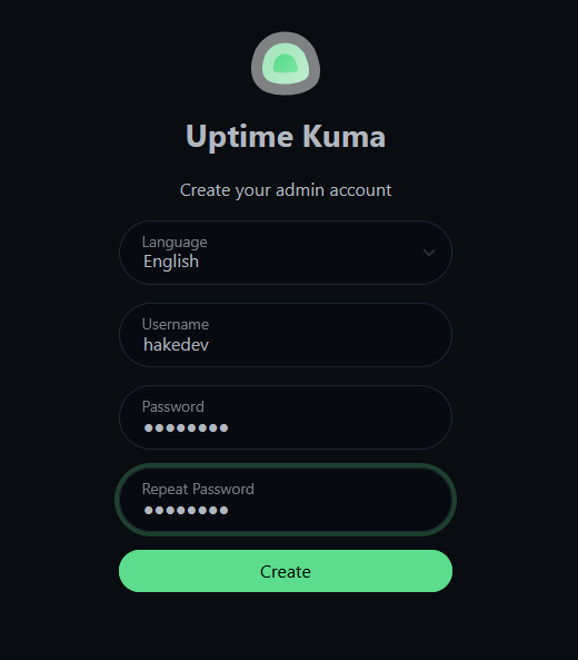 Uptime Kuma admin account creation form with username field showing 'hakedev'