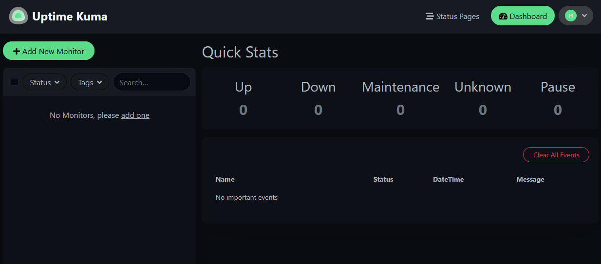 Uptime Kuma dashboard showing Quick Stats with all values at zero, no monitors configured