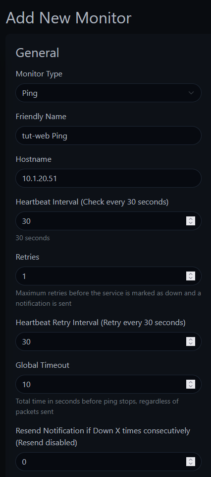 Uptime Kuma Add New Monitor form showing Ping monitor type configuration with hostname 10.1.20.51