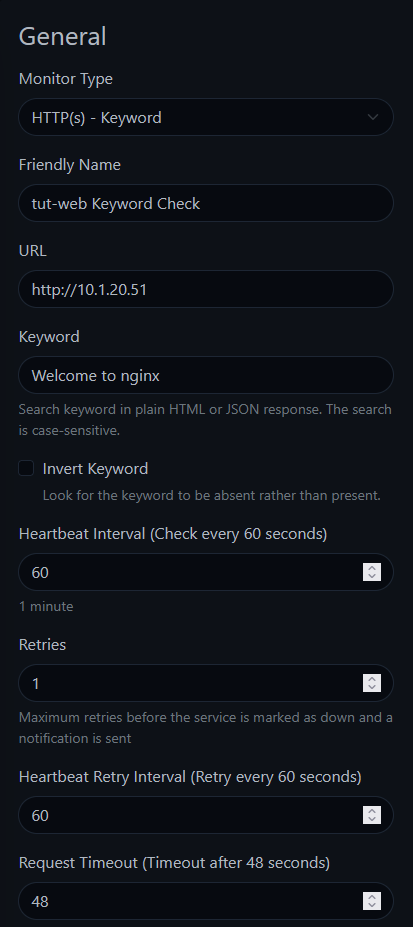 Uptime Kuma Add New Monitor form showing HTTP(s) Keyword type with keyword 'Welcome to nginx'
