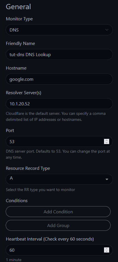 Uptime Kuma Add New Monitor form showing DNS type monitoring google.com via resolver 10.1.20.52