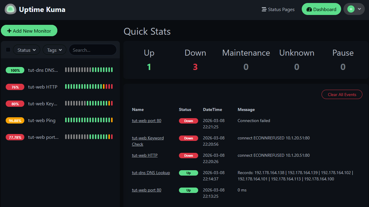 Uptime Kuma dashboard showing 1 Up and 4 Down, with Ping showing Destination Host Unreachable