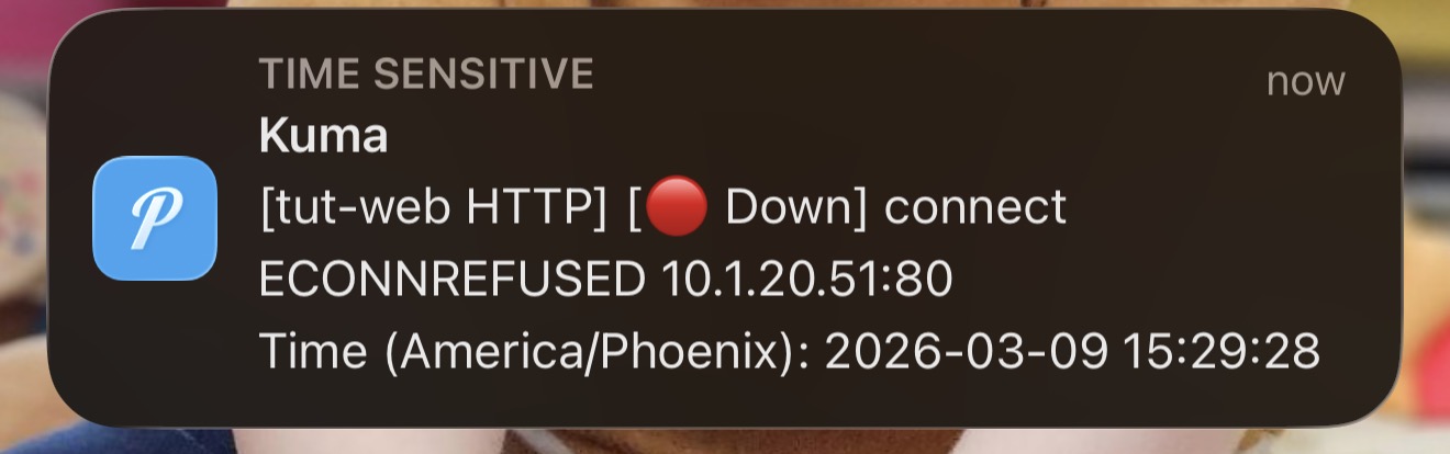 iPhone Pushover notification showing tut-web HTTP service down with connection refused error
