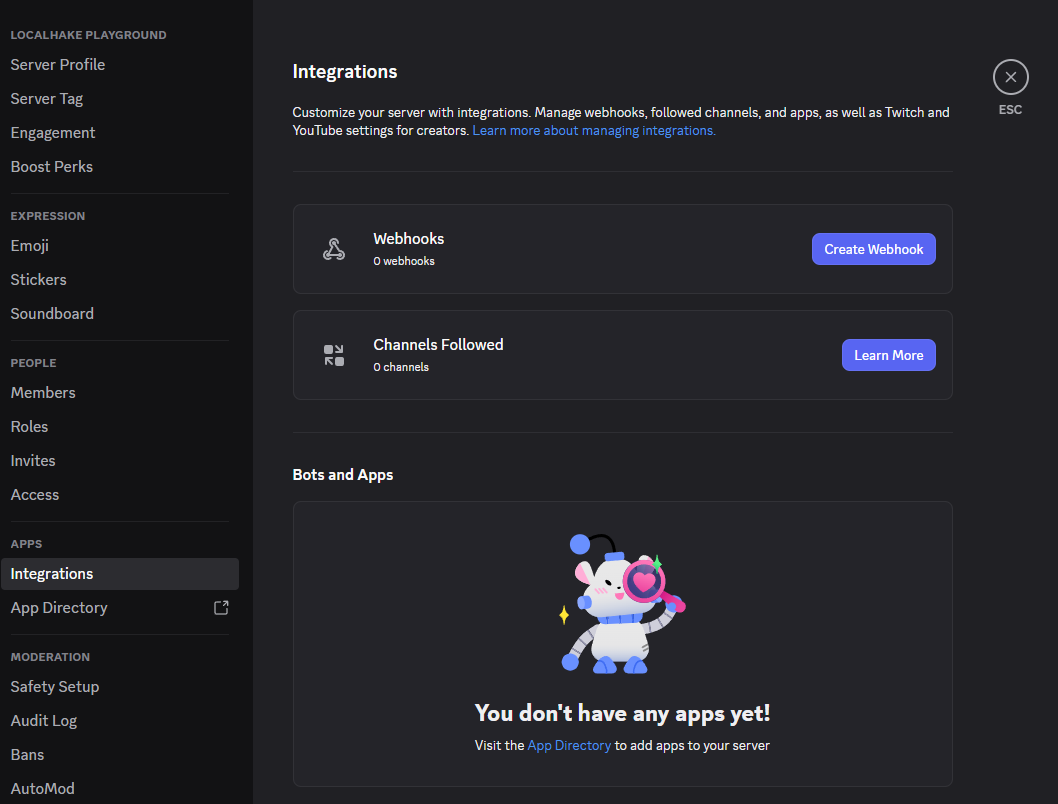 Discord server Integrations settings page with Webhooks section showing Create Webhook button