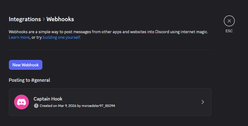 Discord webhooks page showing Captain Hook webhook created on Mar 9 2026 posting to general channel