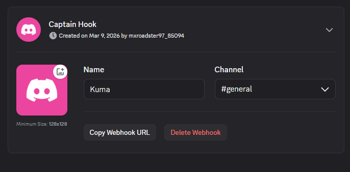 Discord webhook settings showing webhook renamed to Kuma with Copy Webhook URL button