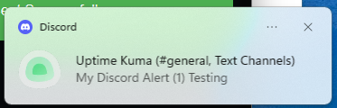 Windows desktop notification from Discord showing Uptime Kuma test alert message