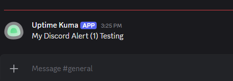Discord channel showing Uptime Kuma bot test message in general channel