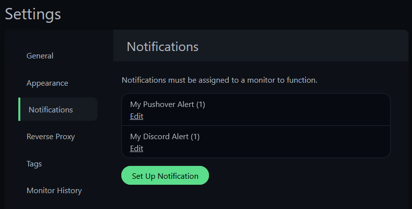 Uptime Kuma settings notifications tab listing Pushover and Discord notification channels